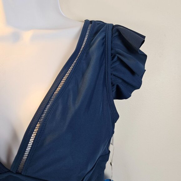 Womens Ruffled Sleeve Teal Blue One-Piece Swimsuit Mesh Paneling Size 16-18 - Picture 4 of 9